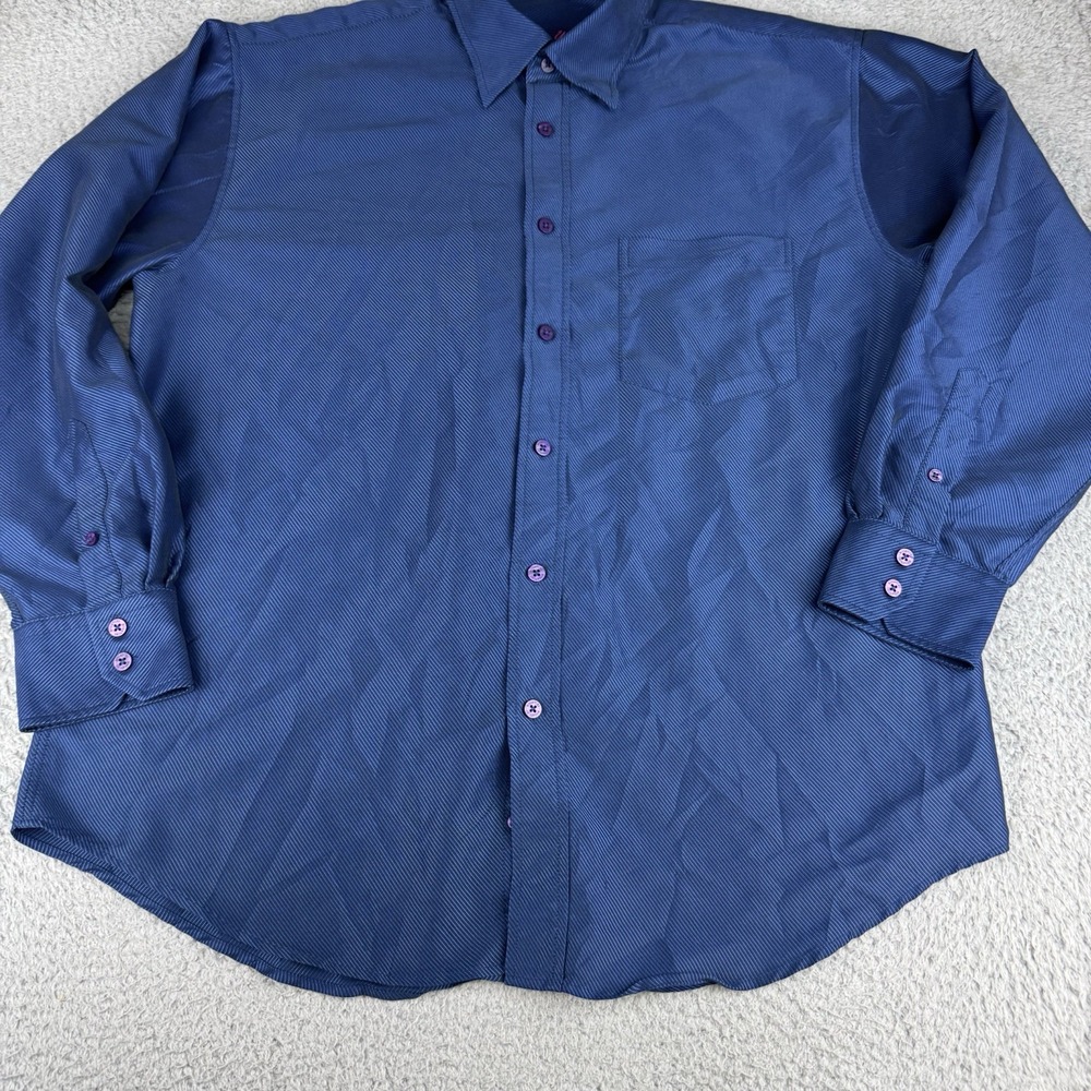Bugatchi‎ Mens Stripe Button Down Shirt Size Large Dark Blue Purple Buttons - Picture 2 of 12